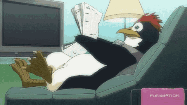 a penguin sits on a couch reading a newspaper next to a pink pillow that says funimation