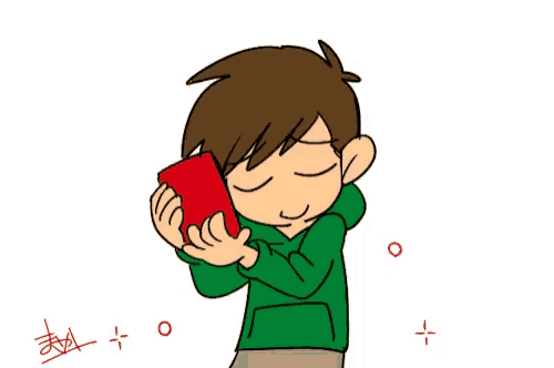 a cartoon of a boy in a green hoodie holding a red object in his hands .