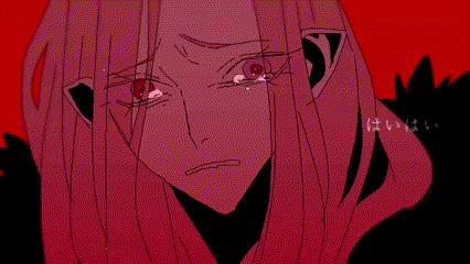 a drawing of a girl with long pink hair and red eyes crying with tears coming out of her eyes .