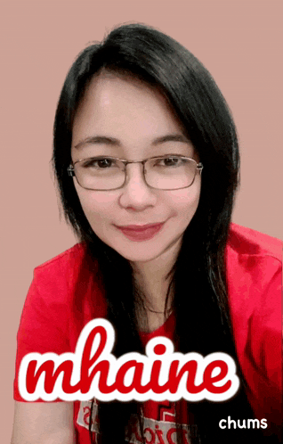 a woman wearing glasses and a red shirt with the name nhaine written in white