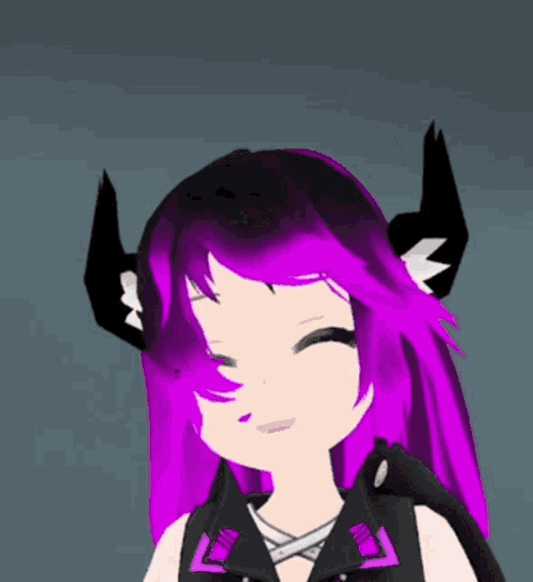 a cartoon girl with purple hair and black horns is smiling
