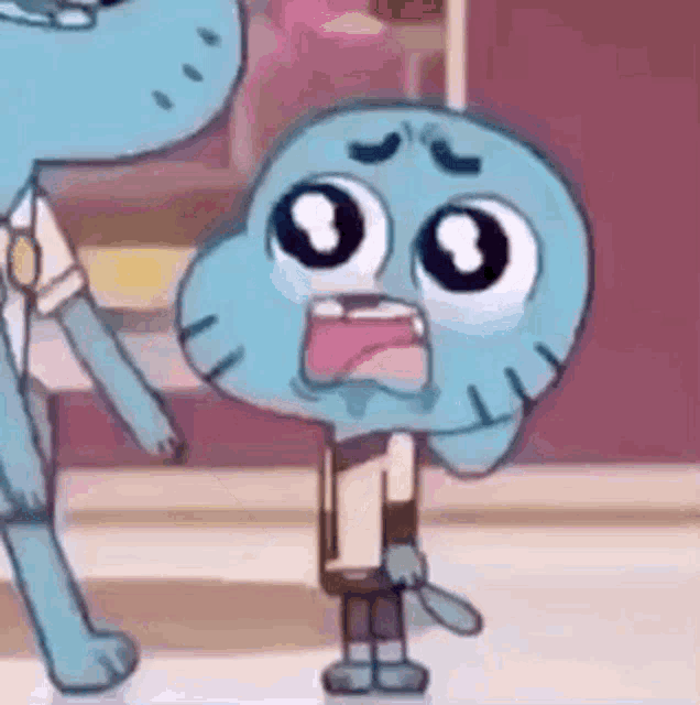 gumball from the amazing world of gumball is making a funny face while standing next to a cat .