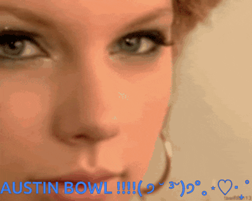 a close up of a woman 's face with the words austin bowl written on the bottom