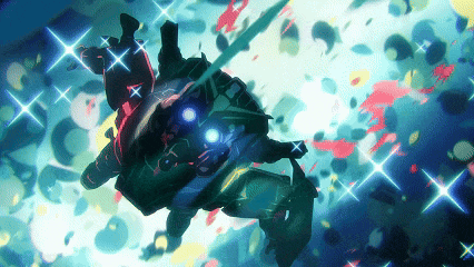 a painting of a robot flying through the air with stars behind it