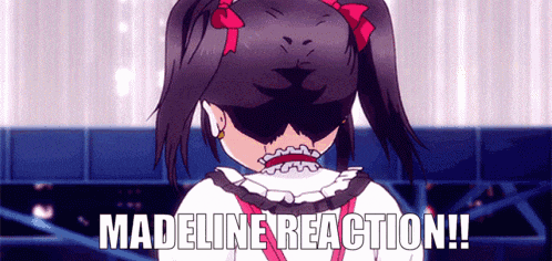 a picture of a girl with the words madeline reaction written on it