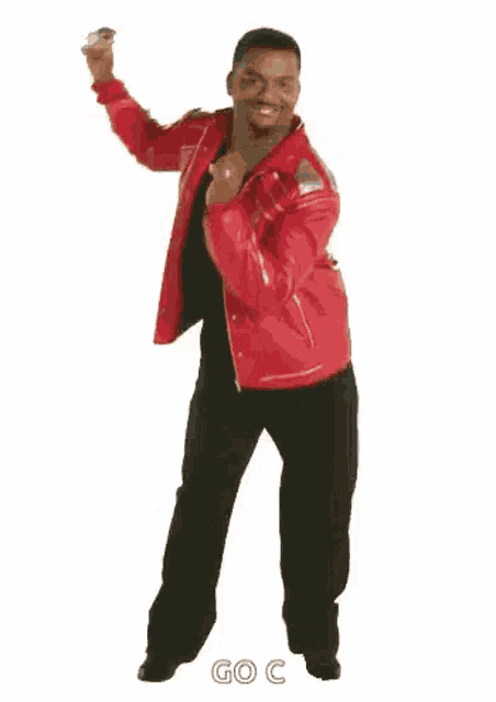 a man in a red leather jacket is dancing on a white background .