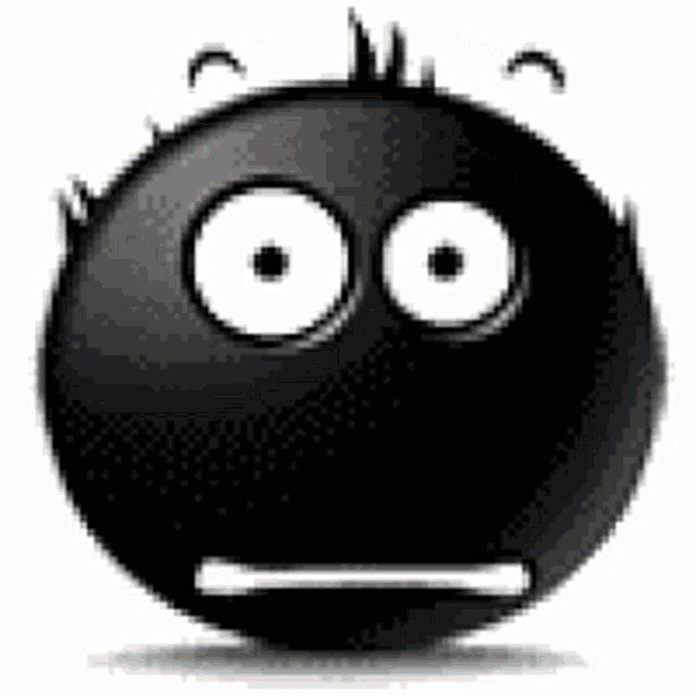 a black smiley face with big white eyes and a slight smirk on its face .
