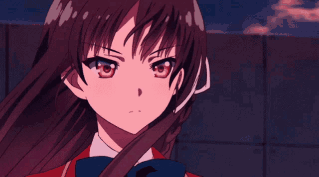 a girl with braided hair and red eyes has a letter p in her hair
