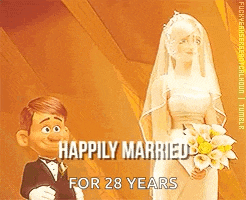 a cartoon of a bride and groom with the words happily married for 28 years below them