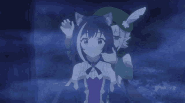 a couple of anime characters standing next to each other in a dark room