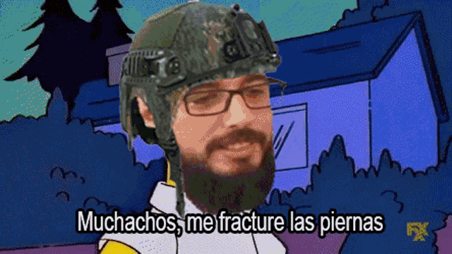 a cartoon of a man wearing a helmet and glasses with the words muchachos me fracture las piernas below him