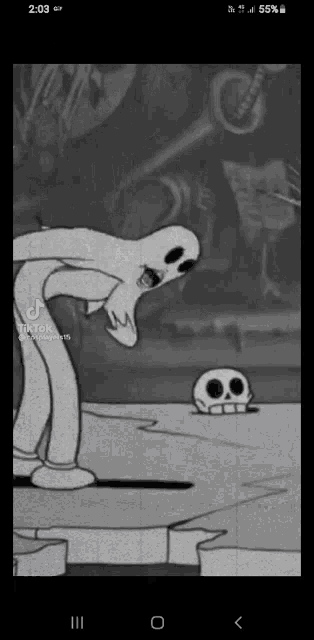 a black and white cartoon of a ghost with a skull in the background