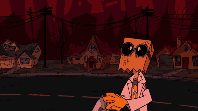 a cartoon character with a paper bag on his head is standing on a street