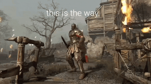 a video game scene with a knight holding a sword and the words this is the way