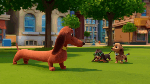 a dachshund wearing sunglasses is standing next to another dachshund
