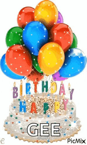a birthday cake with a bunch of balloons on top of it .