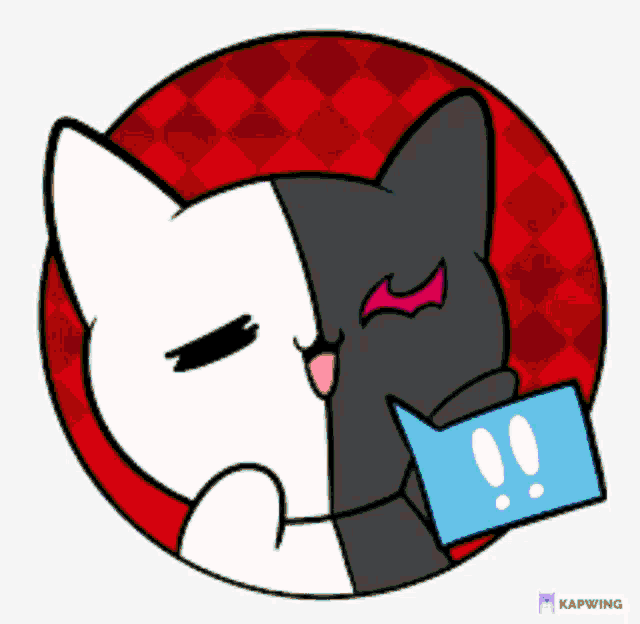 a cartoon of a black and white cat with a green exclamation point