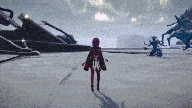 a girl in a red dress is standing in front of a giant monster in a video game .