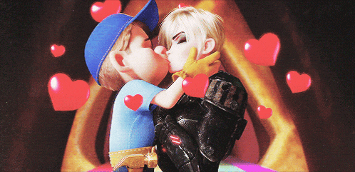 a couple of cartoon characters kissing with red hearts surrounding them