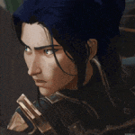a close up of a cartoon character with blue eyes holding a gun