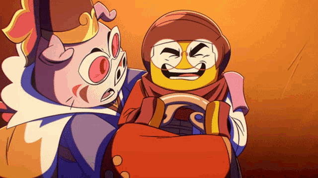 a cartoon drawing of a pig and a man with a smiley face on their faces