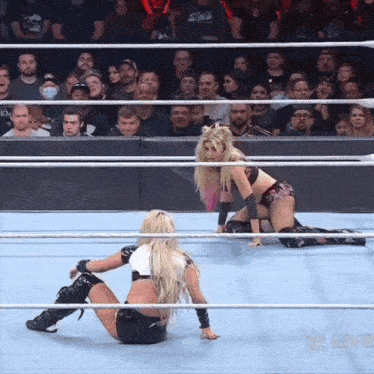 two women are wrestling in a ring with a crowd watching