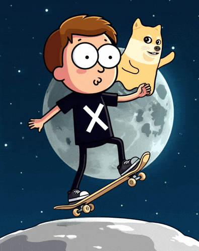 a cartoon of a boy riding a skateboard with a doge on his shoulder