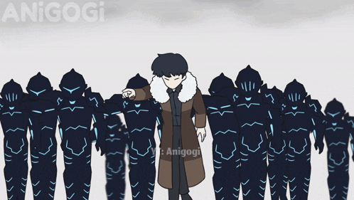 a cartoon of a man pointing at a group of robots with the word anigogi on the bottom right