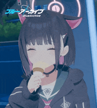 a girl with cat ears is eating an ice cream cone with blue archive written on the top