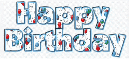 the word happy birthday is surrounded by colorful balloons and confetti