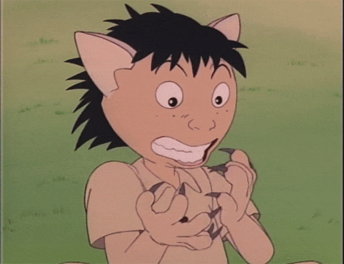 a close up of a cartoon character with a cat face