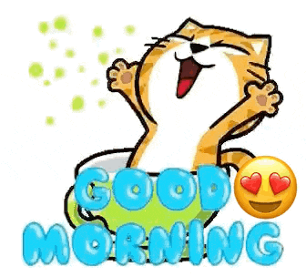 a cartoon cat is sitting in a bowl with the words `` good morning '' and an emoji with hearts in its eyes .