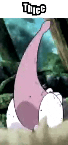 a cartoon character with a long pink tail and the words thick on the bottom .