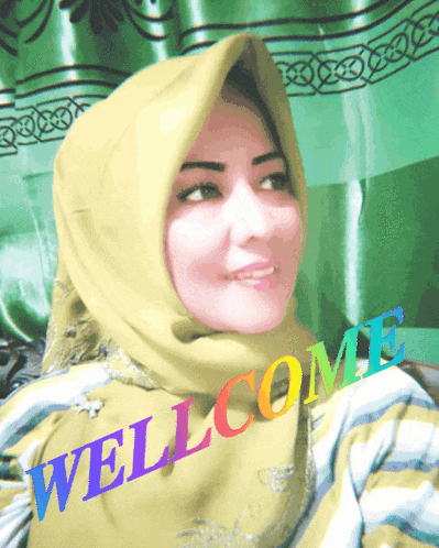 a woman wearing a hijab with the word welcome written on the bottom