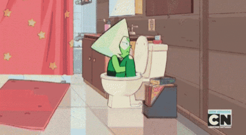 a cartoon character is sitting on a toilet in a bathroom with cn written on the bottom of the screen .