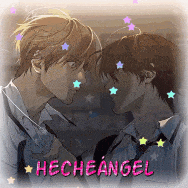 a drawing of two boys with the words hecheangel written in pink