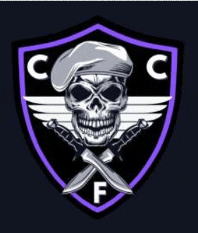 a skull wearing a beret and holding two crossed knives in a shield .