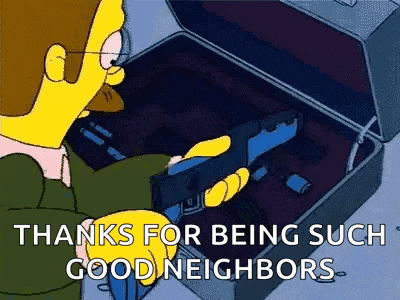 a cartoon character is holding a gun in front of a suitcase and saying `` thanks for being such good neighbors '' .