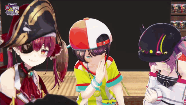 a group of anime characters are standing next to each other and one of them has a red eye patch on her eye