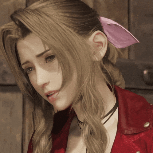 a woman in a red jacket with a pink bow in her hair