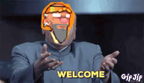 a man in a suit is giving a thumbs up with the word welcome in yellow
