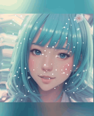 a painting of a girl with blue hair and flowers in her hair