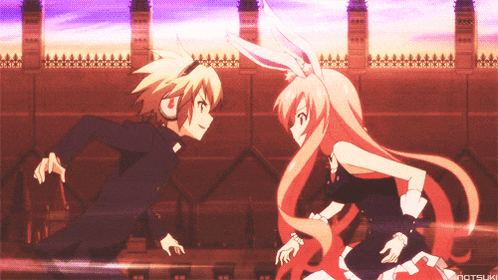 a boy and a girl with bunny ears are running
