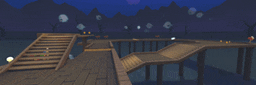 a blurry picture of a dock with stairs leading to it