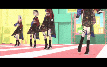 a group of anime girls are standing on a red carpet