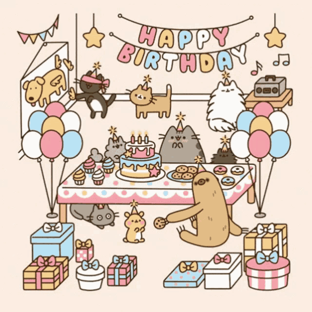 a birthday party with cats and a sloth with a banner that says happy birthday