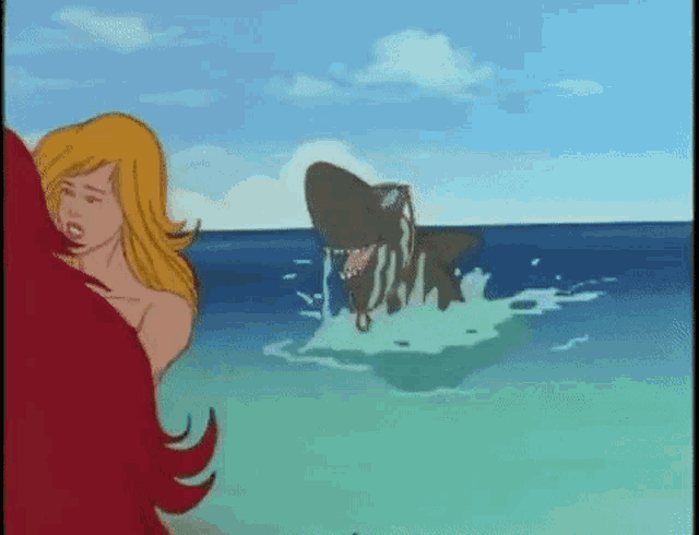 a cartoon of a shark attacking a mermaid on the beach .