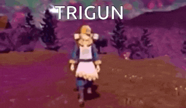 a cartoon character is standing in a field with the word trigun written above him .