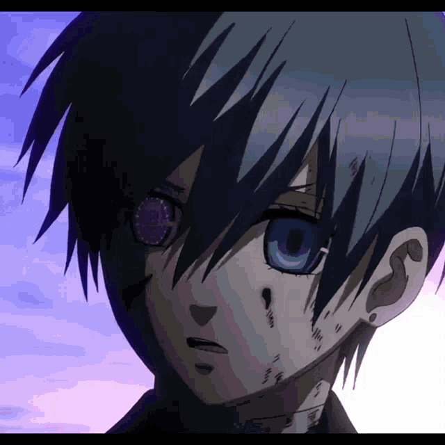 a close up of a person 's face with purple eyes