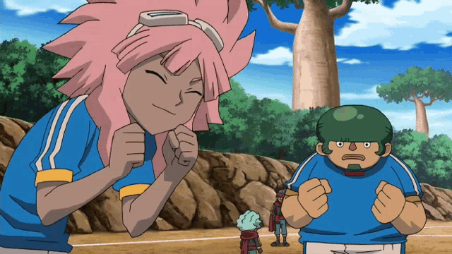 a girl with pink hair is smiling while a man with a green hat looks on